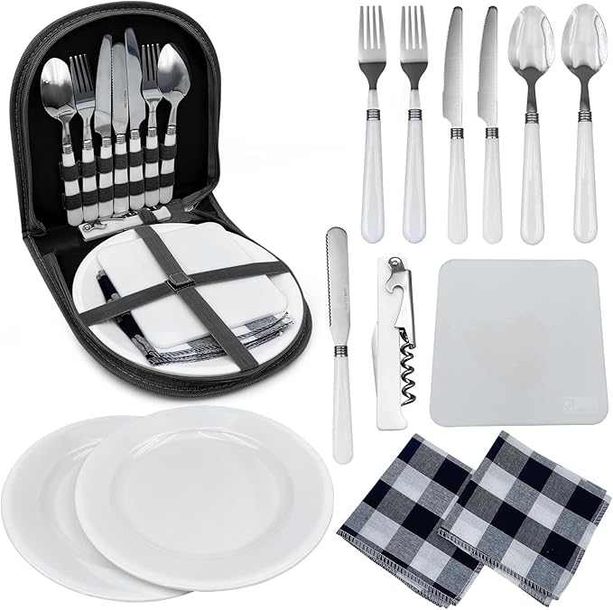 Portable Camping Silverware Utensil Set, 13 Pcs Picnic Mess Kit for 2 Person-Stainless Steel Serrated Knife Spoon Fork Wine Opener Plate Cutting Board Napkin, Camp BBQ Travel Set
