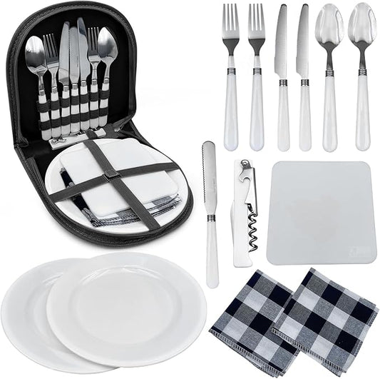 Portable Camping Silverware Utensil Set, 13 Pcs Picnic Mess Kit for 2 Person-Stainless Steel Serrated Knife Spoon Fork Wine Opener Plate Cutting Board Napkin, Camp BBQ Travel Set
