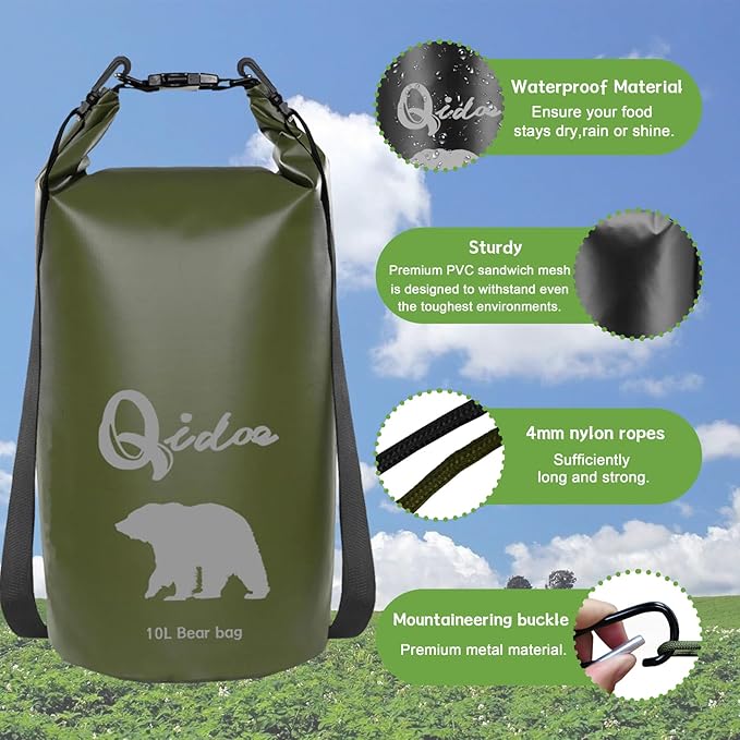 Qidoe Bear Food Bag for Camping Ultralight Food Bags Hanging System 10 L Waterproof Backpack Pulley Systems Includes Waterproof Bag, Nylon Ropes, Hooks for Camping Backpacking