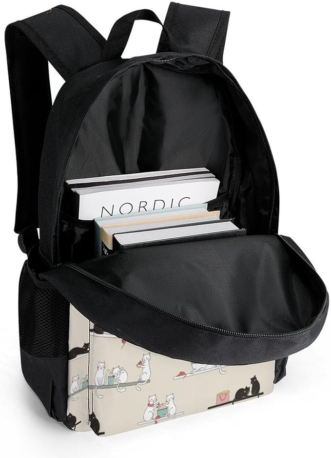 Men Women Polyester Cute Black And White Cat Daypack Backpack Large Capacity Carry On Bag With Smooth Zippers for Hiking Picnic Walking Cycling
