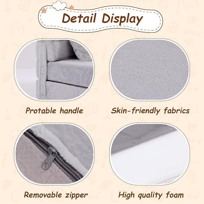 Folding Sofa Bed Mattress for Kids with Pillow, Toddler Washable Folding Floor Mat for Daycare, Child Fold Up Sofa Futon Chair Bed with Storage Bag for Playroom, Camping, Girls and Boys, Grey