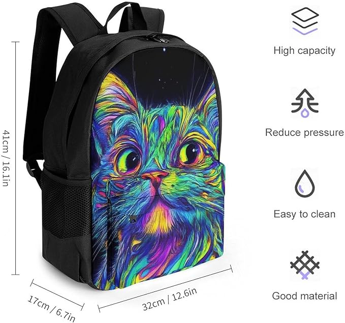 Daypack Bookbag Multipurpose Anti-Theft Big Capacity Carry On Bag, Colorful Trippy Cat Travel Hiking Camping Rucksack With Padded Straps