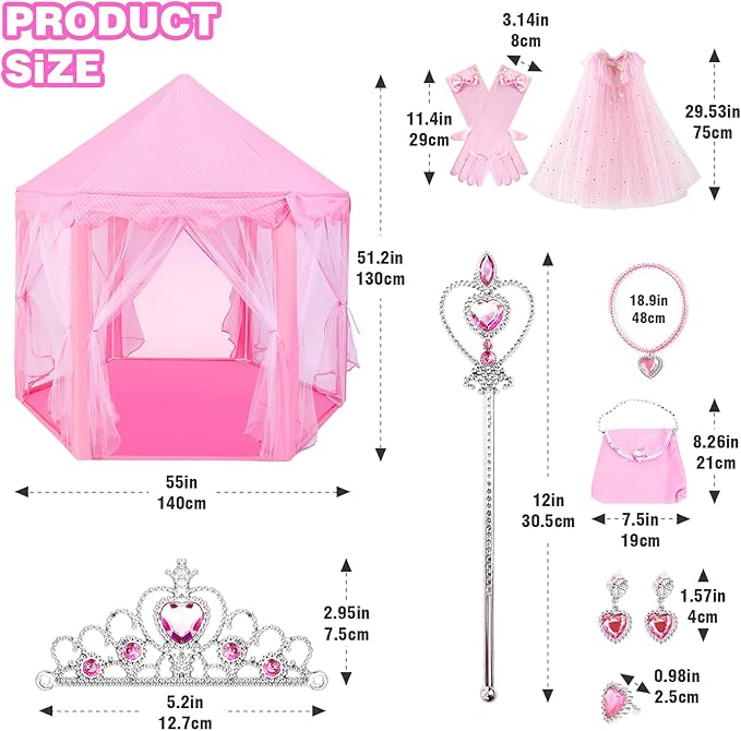 Princess Tent with 10Pcs Cape Set for Girls,Castle Play Tent with Princess Dress up Clothes,Large Indoor and Outdoor Playhouse with LED Star