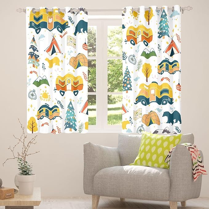 jejeloiu RV Camping Curtains for Bedroom Living Room Tent Mountain Tree Blackout Darkening Drapes Cartoon Camping Car Window Treatments, 2 Panels 42 x 84 Inch Cartoon Animal Room Decor