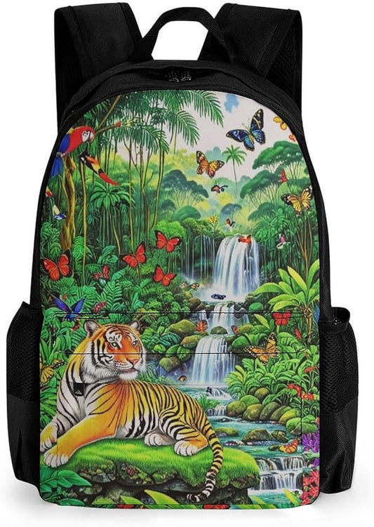 Daypack Backpack Multipurpose Anti-Theft Large Capacity Bookbag, King Of The Tiger Tropical Rainforest Landscape Jungle Parrot Birds Travel Hiking Camping Rucksack With Adjustable Shoulder Straps
