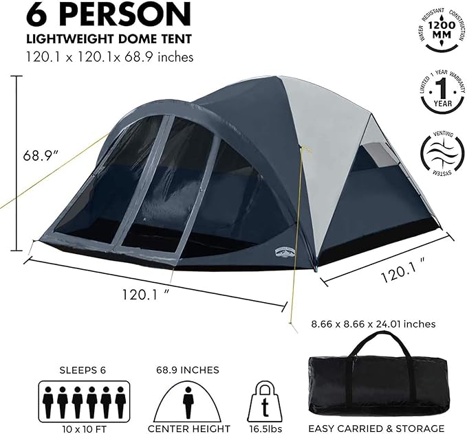 Pacific Pass 6 Person Dome Tent w/ Removable Rain Fly and Screen Room, Water Resistant - Navy/Gray