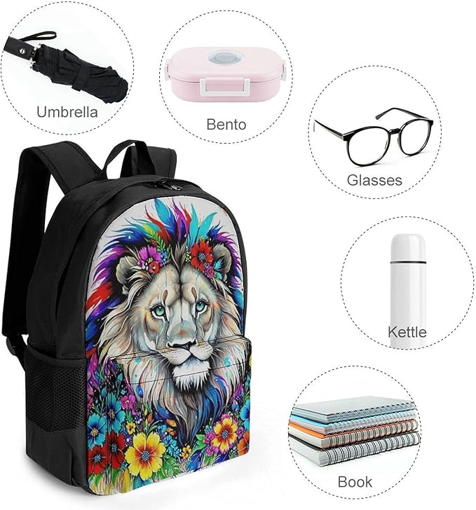 Backpack Polyester Multipurpose Anti-Theft Colorful Lion Of King Flowers Floral Shoulder Bag Big Capacity Gym Outdoor Hiking Backpack With Padded Straps