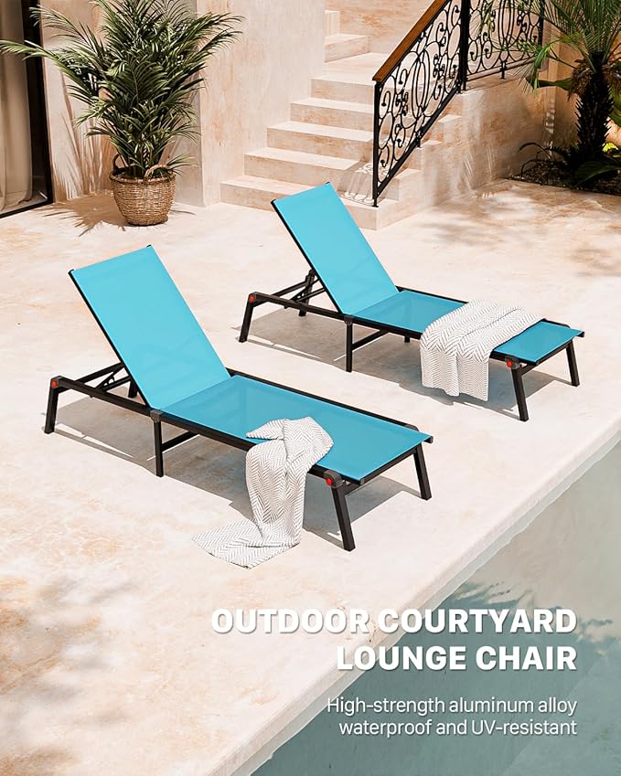 Aluminum Chaise Foldable Patio Lounge Chair Outdoor, Metal Deck Lounger Adjustable 5-Position Recliner Pool Chase Breathable Full Flat Outside Sun Tanning Chairs for Beach/Poolside/Lawn(Blue, 1 Pack)