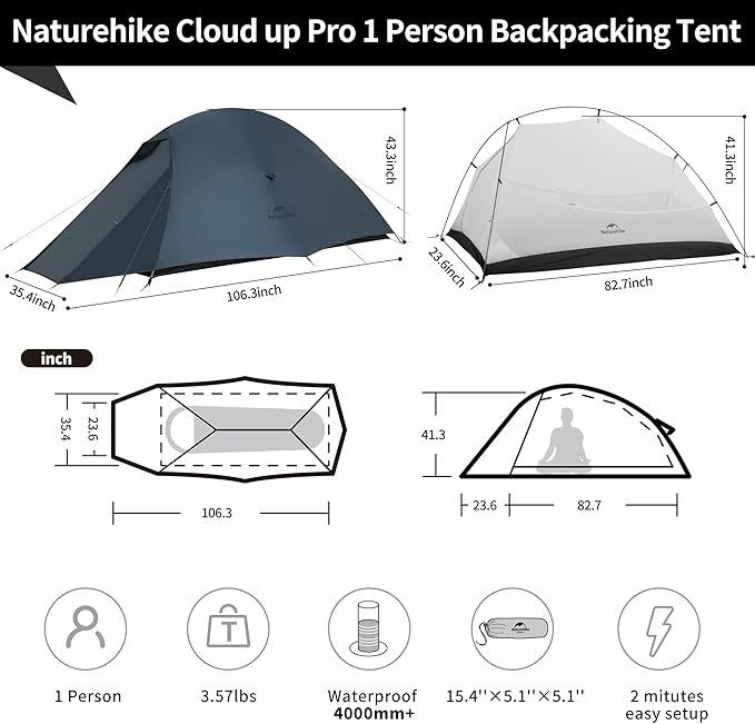 Naturehike Cloud Up 1 Person Tent, Lightweight Backpacking Tents for One Man, Waterproof Ultralight One Person Tent for Camping Hiking Backpacking