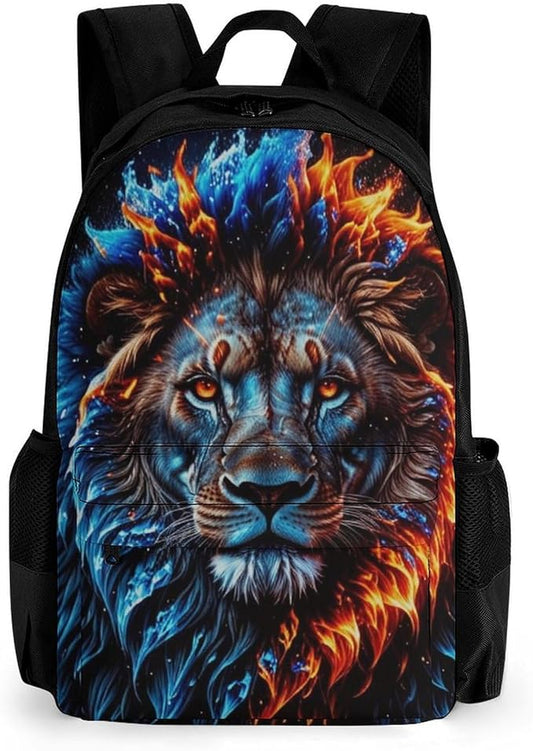 Daypack Backpack Anti-Theft Multipurpose Large Capacity Carry On Bag, Cool Lion Fire Surreal Style Art Traveling Camping Backpack With Side Pockets