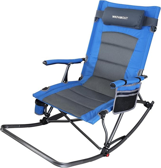 Oversized Folding Low Rocking Camping Chair with Footrest Removable Pillow Portable Outdoor Rocker Padded High Back Ergonomic Armrests for Patio Garden Lawn
