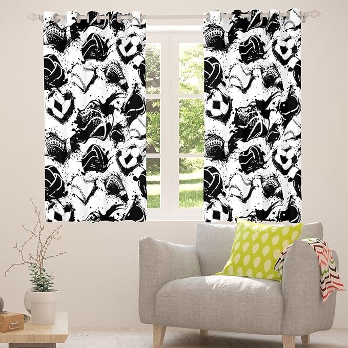 Black White Ball Blackout Curtains Basketball Soccer Football Baseball Window Drapes,Sports Theme Window Treatments,Kids Boys Girls Room Decor,Grommet Top 2 Panel Set Bedroom Curtains, 42Wx63L inch