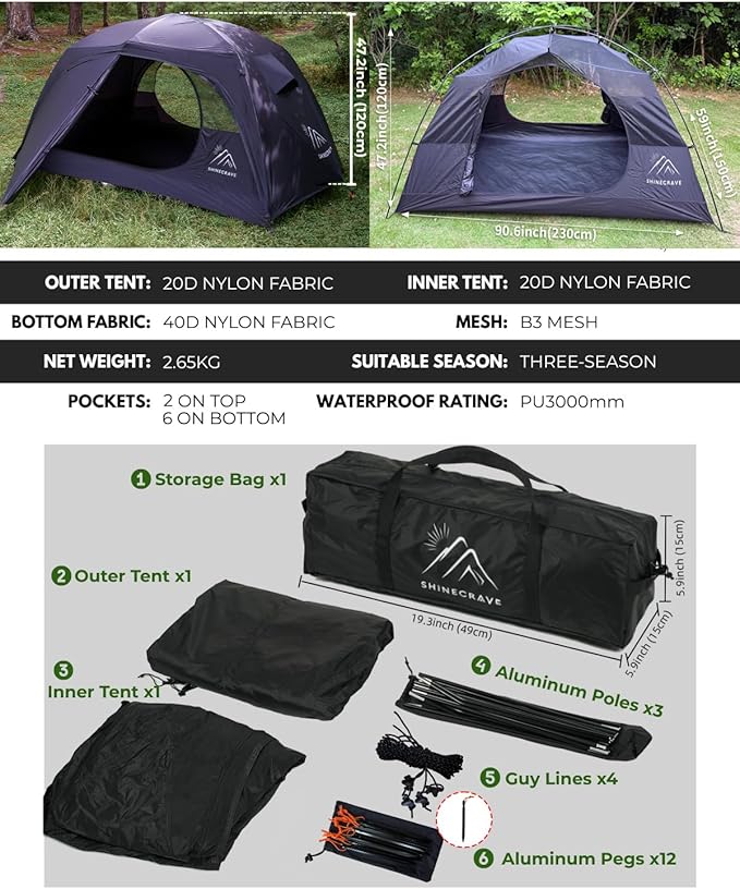 Camping Tent 2 Person,Ultra Large Capacity, 20D Nylon, Lightweight 3 Season Backpacking Tent 2 Person, PU3000mm, Free Standing, Ideal for Camping, Hiking, Glamping, Mountaineering