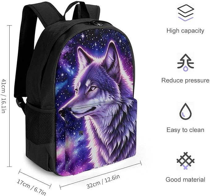 Men Women Lightweight Blue Universe Galaxy Magic Wolf In The Space Backpack Large Capacity Bookbag With Smooth Zippers for Gym Business Running