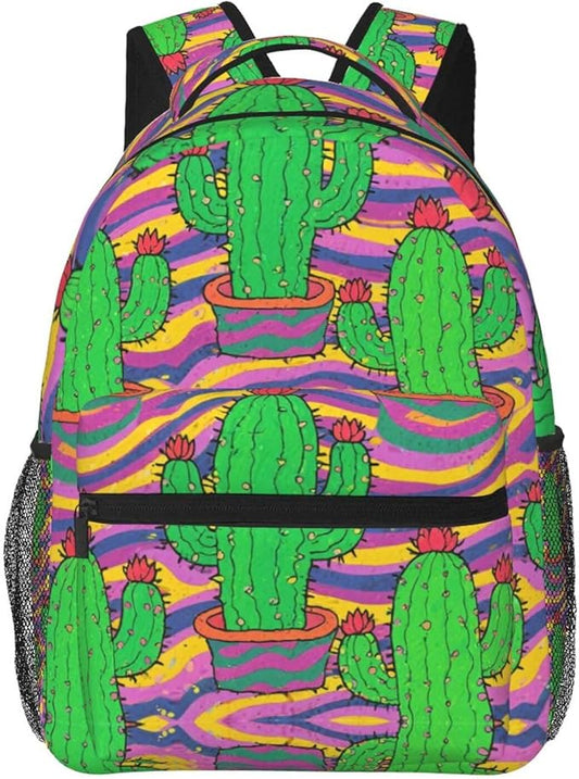 Men Women Polyester Psychedelic Cactus Art Backpack Large Capacity Bookbag With Smooth Zippers for Climbing Picnic Bicycle