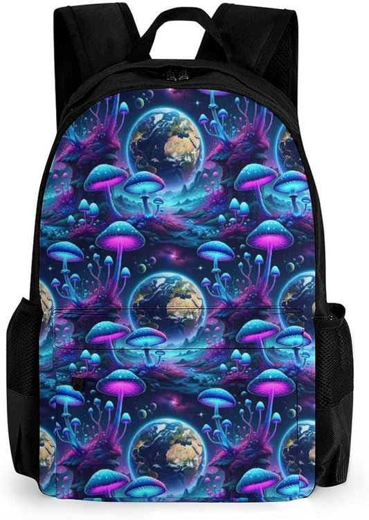 Daypack Anti-Theft Multipurpose Large Capacity Shoulder Bag, Trippy Mushroom Magic World Glowing Art Travel Hiking Camping Rucksack With Smooth Zippers