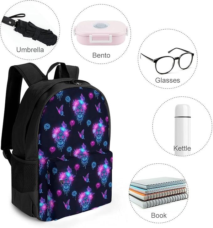 Lightweight Daypack for Camping Business Walking Cycling, Large Capacity Anti-Theft Multipurpose Bookbag, Colorful Rose Butterflies Skulls Gym Outdoor Hiking Backpack