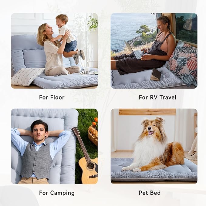 Japanese Floor Mattress, 3.5" Thicken Futon Mattress Tatami Mat, High Density Foam Support for Adult Kids Sleep, Portable Futon Sofa Bed for Camping, Pet Mat, Full 80"x 54"（Silver Gray）