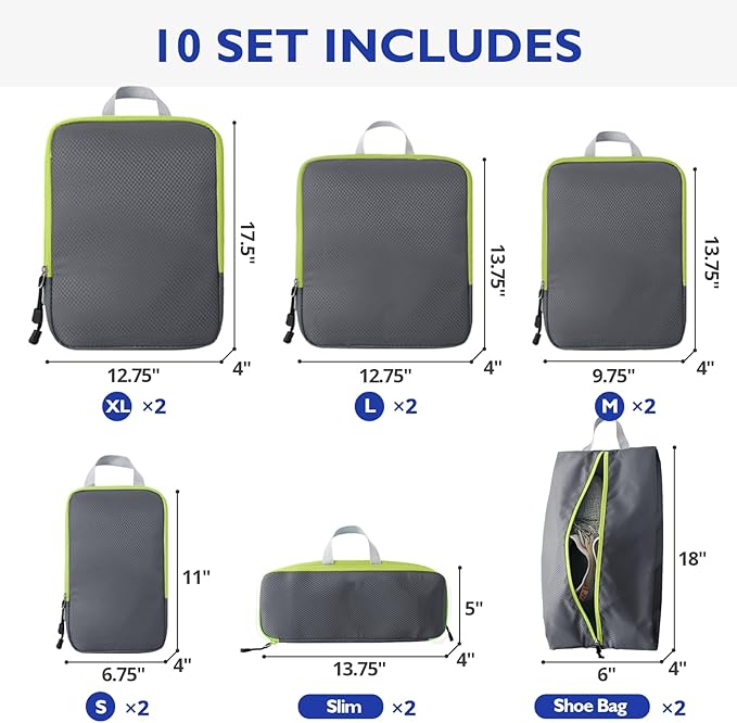 Compression Packing Cubes, 10 Set Packing Cubes for Travel Compression, Lightweight Compressible Package Organizer for Carry On and Suitcases, Grey and Green