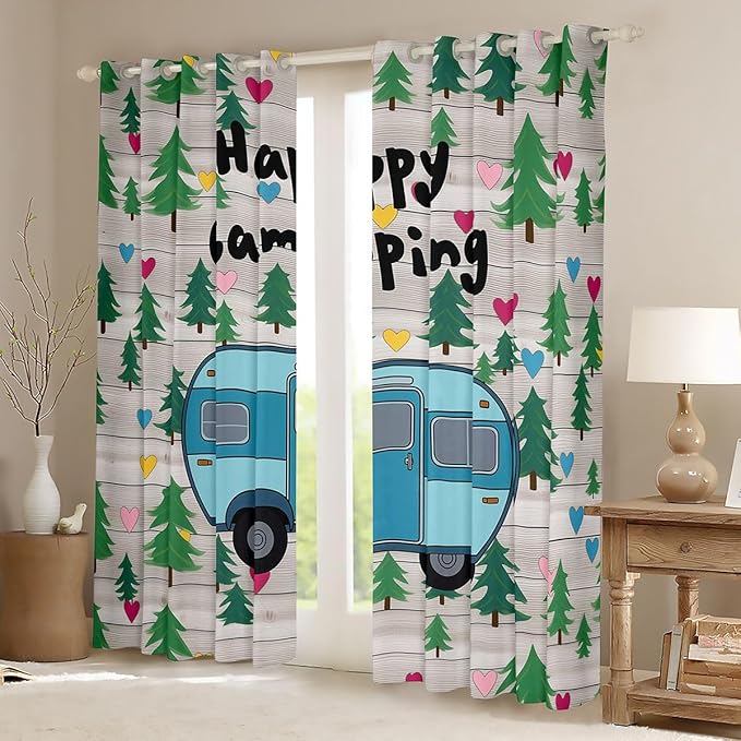 Erosebridal Happy Camping Blackout Curtains for Bedroom Living Room Blue Camper Rv Window Curtains 2 Panels 38" Wx45 L Vehicles Camping Decor Drapes,Watercolor Tree Mountain Window Treatments