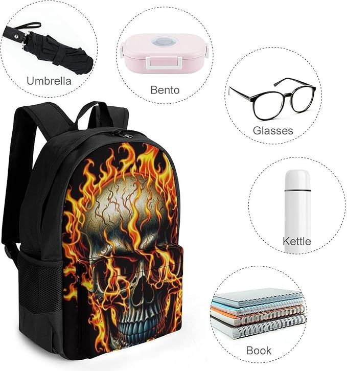 Men Women Lightweight Flaming Fire Skull Casual Daypack Big Capacity Bookbag With Padded Straps for Gym Travel Walking Cycling