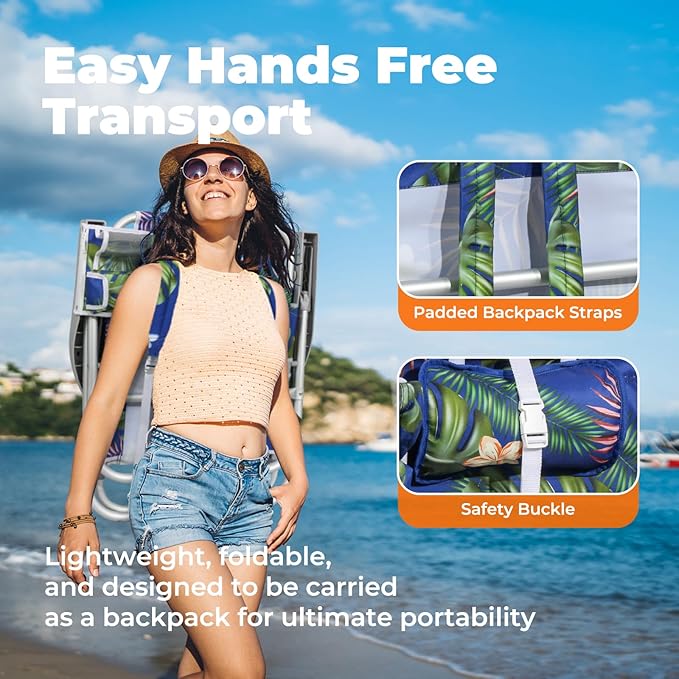 Low Beach Chairs for Adults - 5-Position Reclining Backpack Chair with Large Insulated Cooler & Storage Pocket, Aluminum Frame, Portable for Travel & Outdoor, Supports 300lbs, Tropical Palm