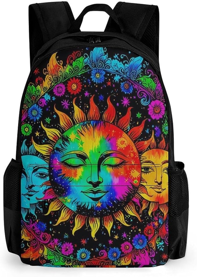 Supdreamc Shoulder Book Bags Polyester Multipurpose Anti-Theft Mandala Triple Sun Hippie Trippy Psychedelic Boho Art Carry On Bag Large Capacity Travel Hiking Camping Rucksack