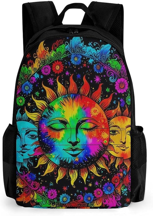 Supdreamc Shoulder Book Bags Polyester Multipurpose Anti-Theft Mandala Triple Sun Hippie Trippy Psychedelic Boho Art Carry On Bag Large Capacity Travel Hiking Camping Rucksack