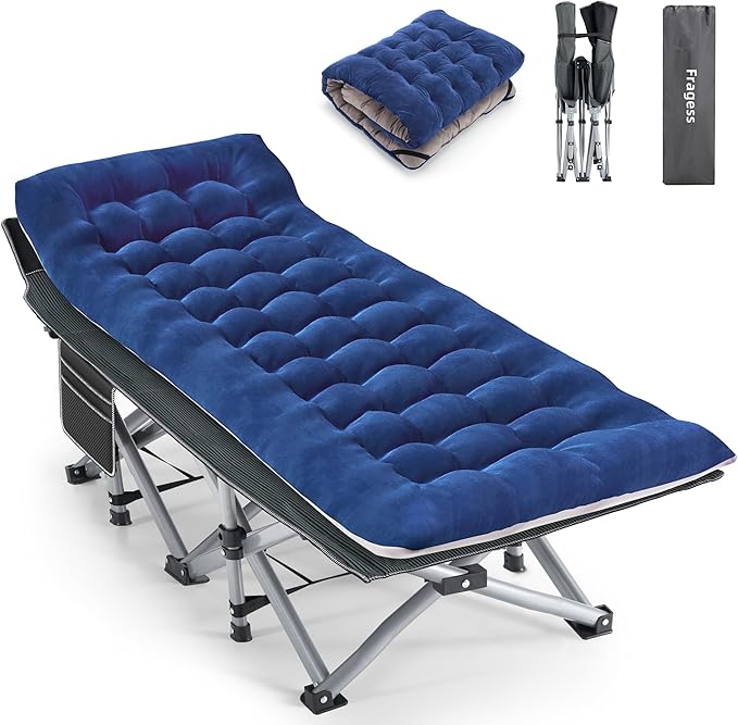 Camping Cot, Sleeping Cots, Portable Camping cots with Cushion, Pillow and Carry Bag, 1200D Double Layer Oxford, 600 LBS Weight Capacity Cots for Sleeping (Blue)