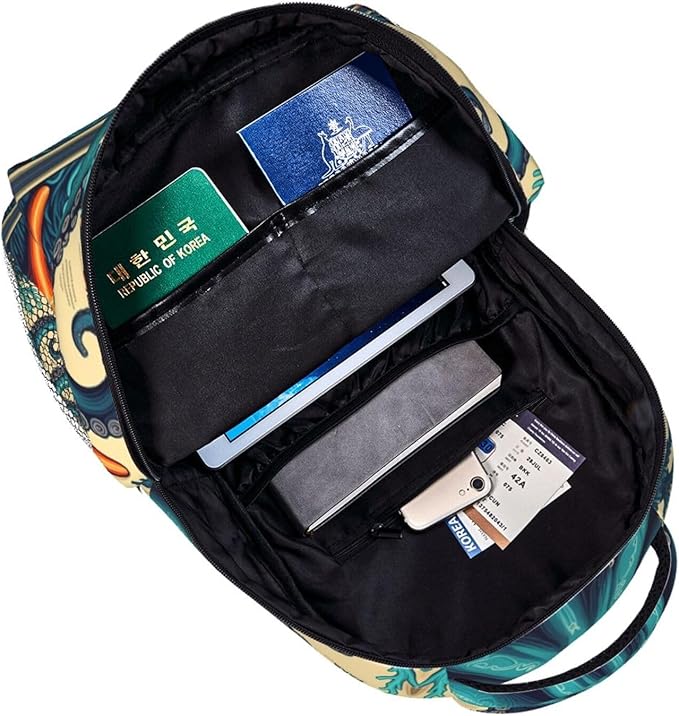 Men Women Polyester Retro Octopus Art Daypack Bookbag Big Capacity Shoulder Bag With Padded Straps for Climbing Travel Walking Cycling