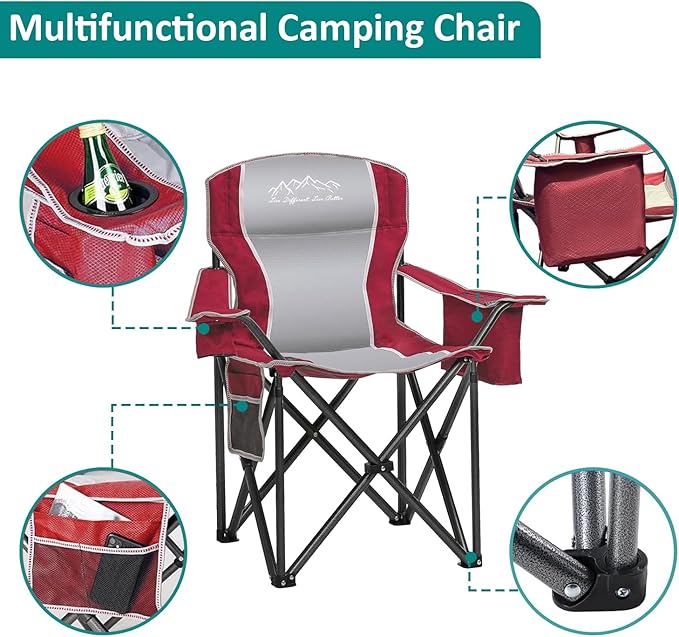 Camping Chair with Cooler Bag, Cup Holder, Storage Pocket, Heavy Duty 450lbs Capacity with Large Anti-Sink Feet, Portable Folding Padded Chair for Outdoor, Beach, Fishing, Sports, Red