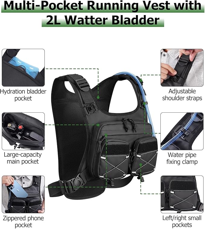NOOLA Running Vest with 2L Water Bladder, Reflective Hydration Backpack for Men Women, Lightweight Chest Pack with Phone Pocket Adjustable Running Backpack for Marathon Fishing Cycling Hiking