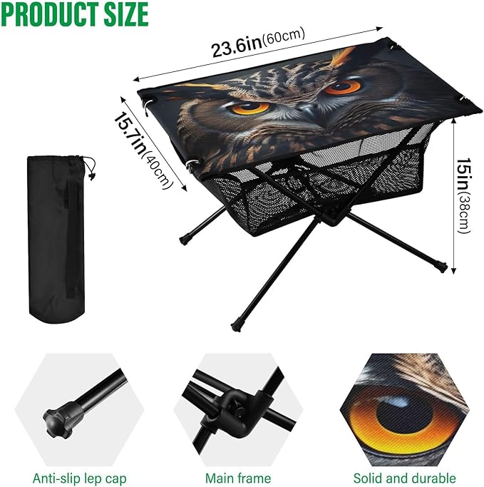 Owl with Orange Eyes Portable Folding Camping Table, Compact Lightweight Beach Table with Carrying Bag for Outdoor Picnics, BBQs, Camp