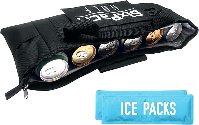 Golf Cooler Bag Plus 2 Ice Packs - HD Closed Cell Insulation Keeps Drinks Cold for Hours - Holds 6 Cans - Fits Discreetly in Golf Bags - Includes Cary Strap - Golf Accessories for Men