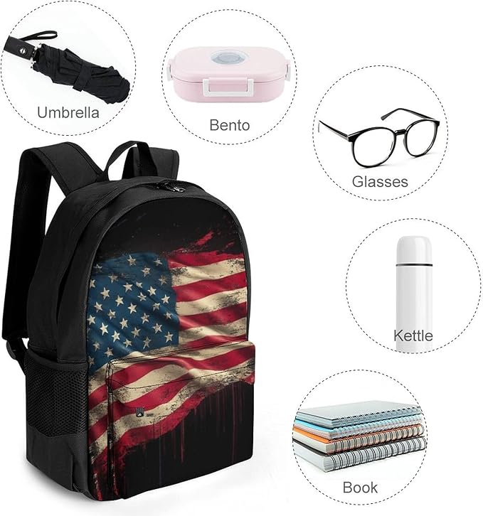 Shoulder Book Bags Polyester Multipurpose Anti-Theft American Flag Art Carry On Bag Large Capacity Travel Hiking Camping Rucksack