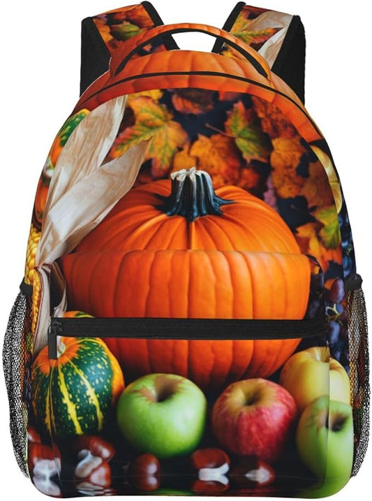 Shoulder Book Bags Anti-Theft Multipurpose Big Capacity Bookbag, Thanks Giving Pumpkin Corn Fruit Art Travel Hiking Backpack With Smooth Zippers