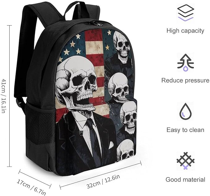 Lightweight Daypack Backpack for Sports Travel Running, Large Capacity Multipurpose Anti-Theft Bookbag, Skull American Flag Blue Red White Laptop Backpack Daypack