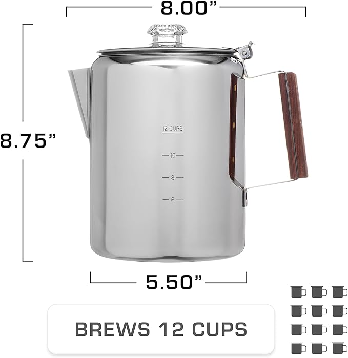 COLETTI Bozeman Percolator Coffee Pot — NO Aluminum or Plastic [12 cup]