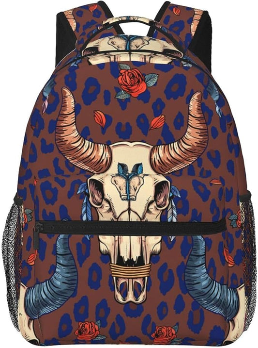 Daypack Bookbag Anti-Theft Multipurpose Large Capacity Bookbag, Cow Skull Daisy Western Design Travel Hiking Camping Rucksack With Adjustable Shoulder Straps
