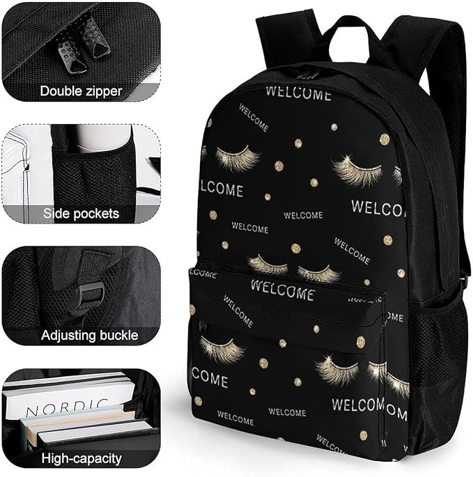 Daypack Anti-Theft Multipurpose Large Capacity Shoulder Bag, Stylish Black Rose Gold Eyelashes Welcome Travel Hiking Camping Rucksack With Smooth Zippers