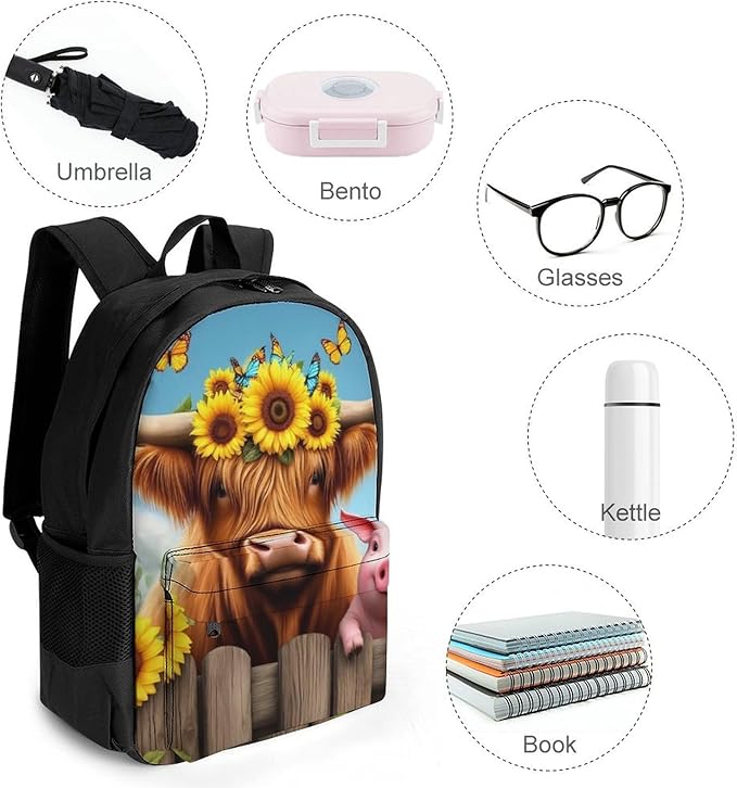 Supdreamc Men Women Polyester Sunflower Butterflies Highland Cow Pig Daypack Bookbag Big Capacity Shoulder Bag With Padded Straps for Climbing Travel Walking Cycling