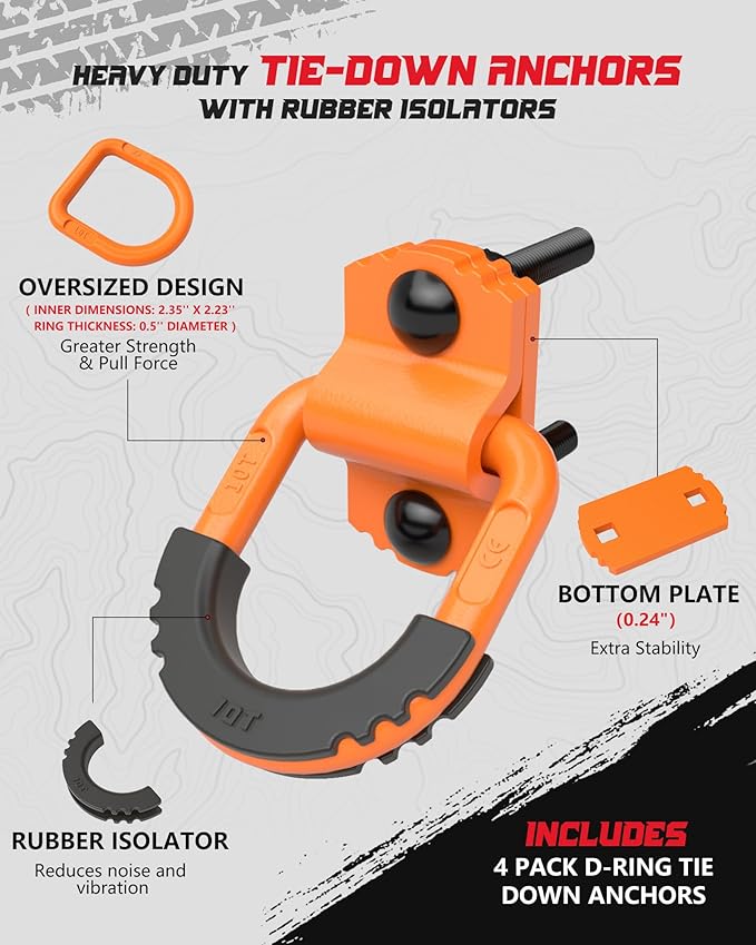 D-Ring Tie Down Anchors with Rubber Isolators, 4 Pack Heavy Duty 10 Ton Capacity Carbon Steel, Bolt-On with Mounting Hardware, Zinc & Powder Coated for Trailer, Truck, Pickup, Garage-Orange