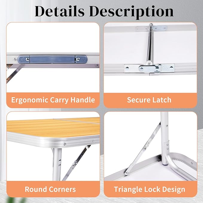 3.0 Ft Folding Portable Camping Table with Adjustable Height Legs, RV Dining Tables,Grill, DJ, BBQ, Dining, Picnic, Beach, Garden, Party, Yellow