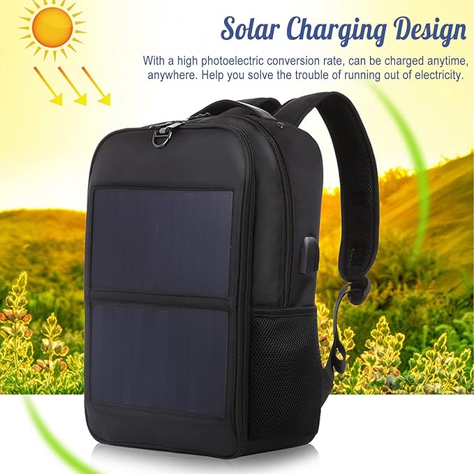 Yoidesu 14W Solar Backpack, Solar Panel Power Backpack with Handle and USB Charging Port, Ergonomic Multifunction Laptop Bag Hiking Backpack for Running, Biking, Festivals, Travel