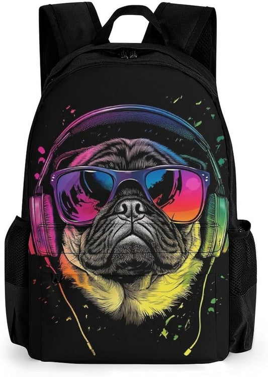 Supdreamc Daypack Backpack Multipurpose Anti-Theft Large Capacity Bookbag, Dj Pug Black Travel Hiking Camping Rucksack With Adjustable Shoulder Straps