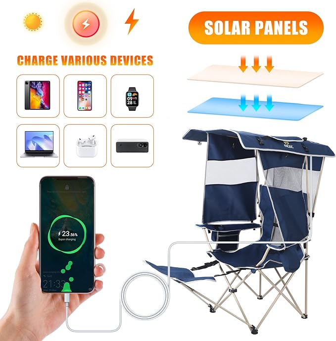 Nice C Chair with Canopy, Umbrella Chair, Chairs with Shade, Sports Chairs, USB, Type-C&DC Charging Cable Included, 30W Solar Panels, Removable Footrest&Cooler Bag (1 Navy)