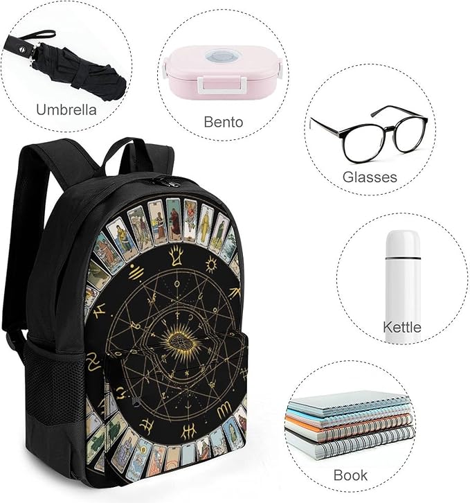 Supdreamc Backpack Polyester Anti-Theft Multipurpose Astrology Tarot Original Art Bookbag Large Capacity Laptop Book Bag Rucksack With Side Pockets