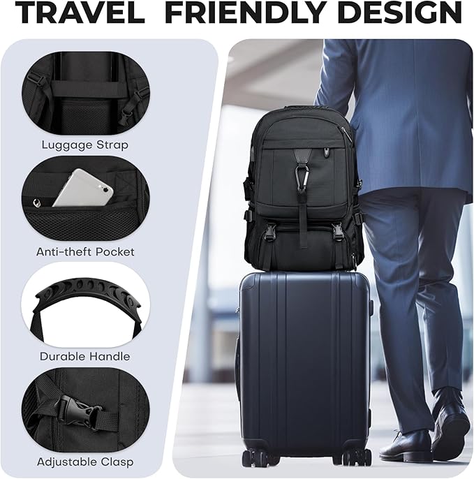 Large Travel Backpack for Men Women,Carry on Backpack with Shoe Compartment USB Charging Port,College Backpack,Bookbag fit 17.3 Inch Laptop for Business Hiking Camping (Fits 4.92-5.91 ft height)