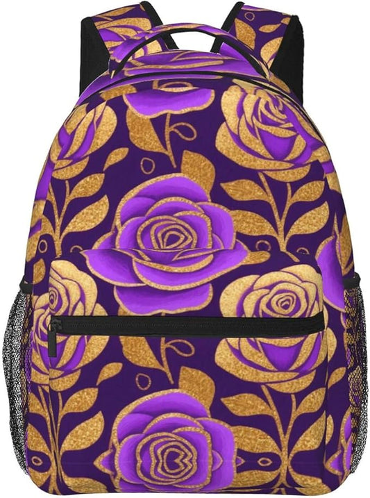 Rucksack Anti-Theft Multipurpose Big Capacity Carry On Bag, Purple Gold Rose Art Traveling Camping Backpack With Side Pockets