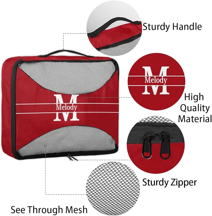 4pc Personalized Name Packing Cubes for Travel - Luggage Packing Organizers - Travel Packing Cubes for Suitcases, Solid Red Color with Initial Letter